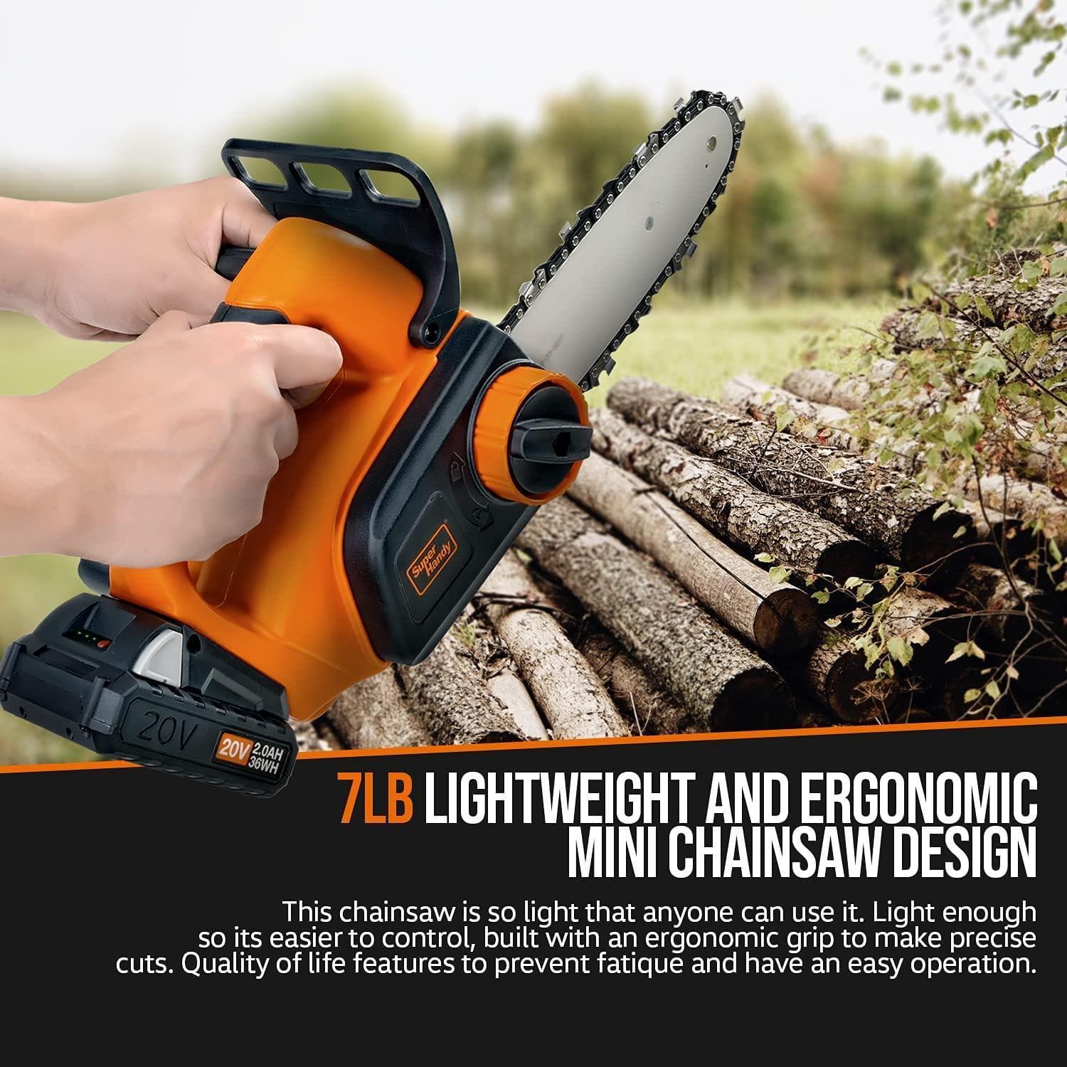 SuperHandy Electric Mini Chainsaw - 20V 2Ah Battery, 8" Bar
