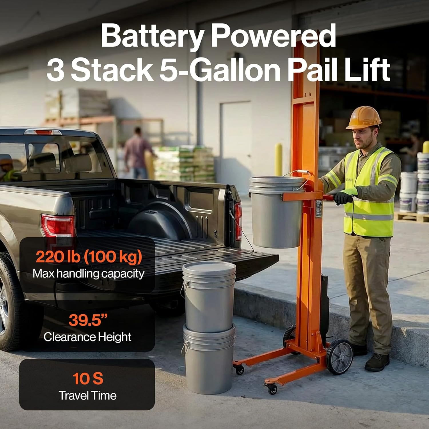 SuperHandy - Outdoor Tools & Mobility Electric Pail Lift Hand Truck, for 5-Gallon Buckets, 48V 2Ah Battery Powered Lifter, for Easy Loading