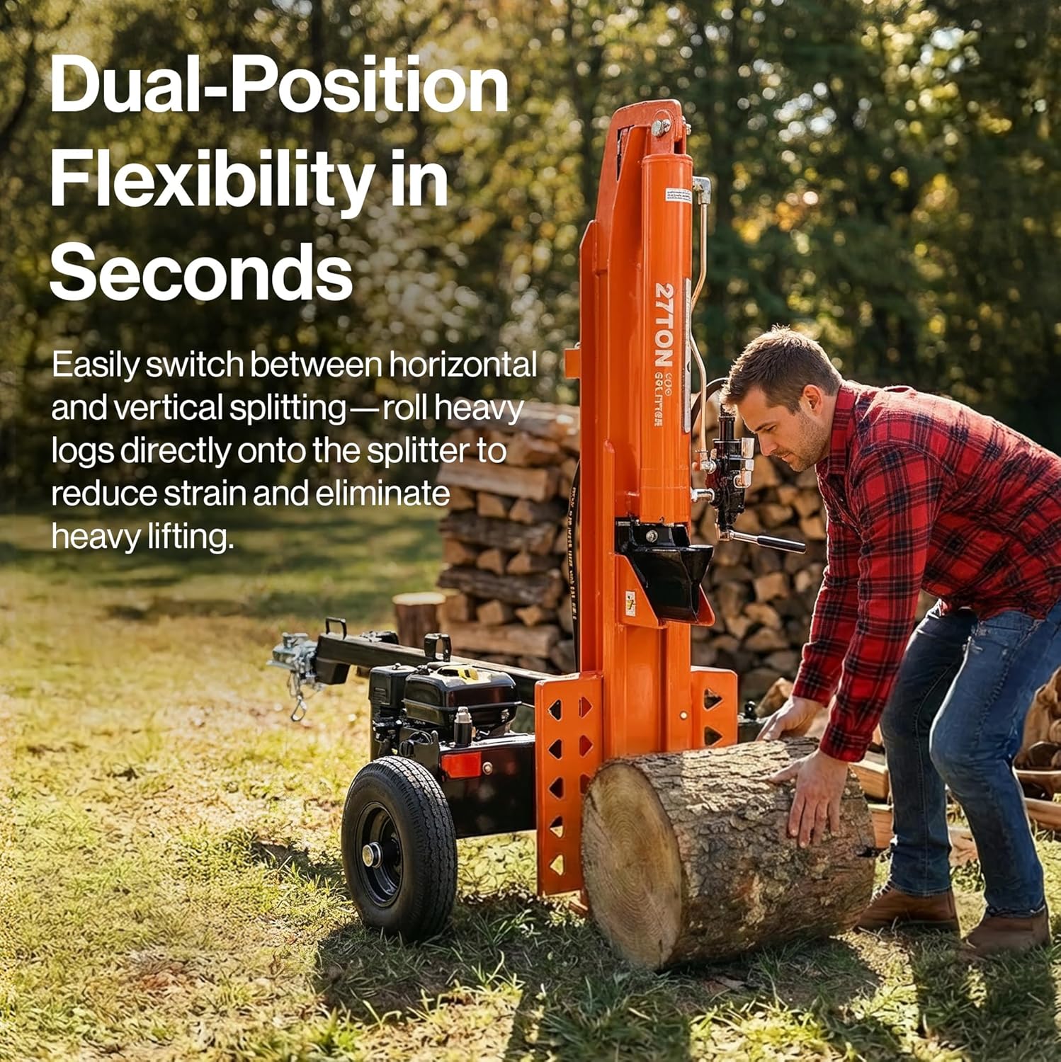 SuperHandy - Outdoor Tools & Mobility Superhandy 27Ton 223cc Gas Powered Full Beam Log Splitter w/Vertical/Horizontal Operation and Auto Return Valve, 24'' Diameter & 24'' Length Capacity, Towable with 2'' Ball Coupler