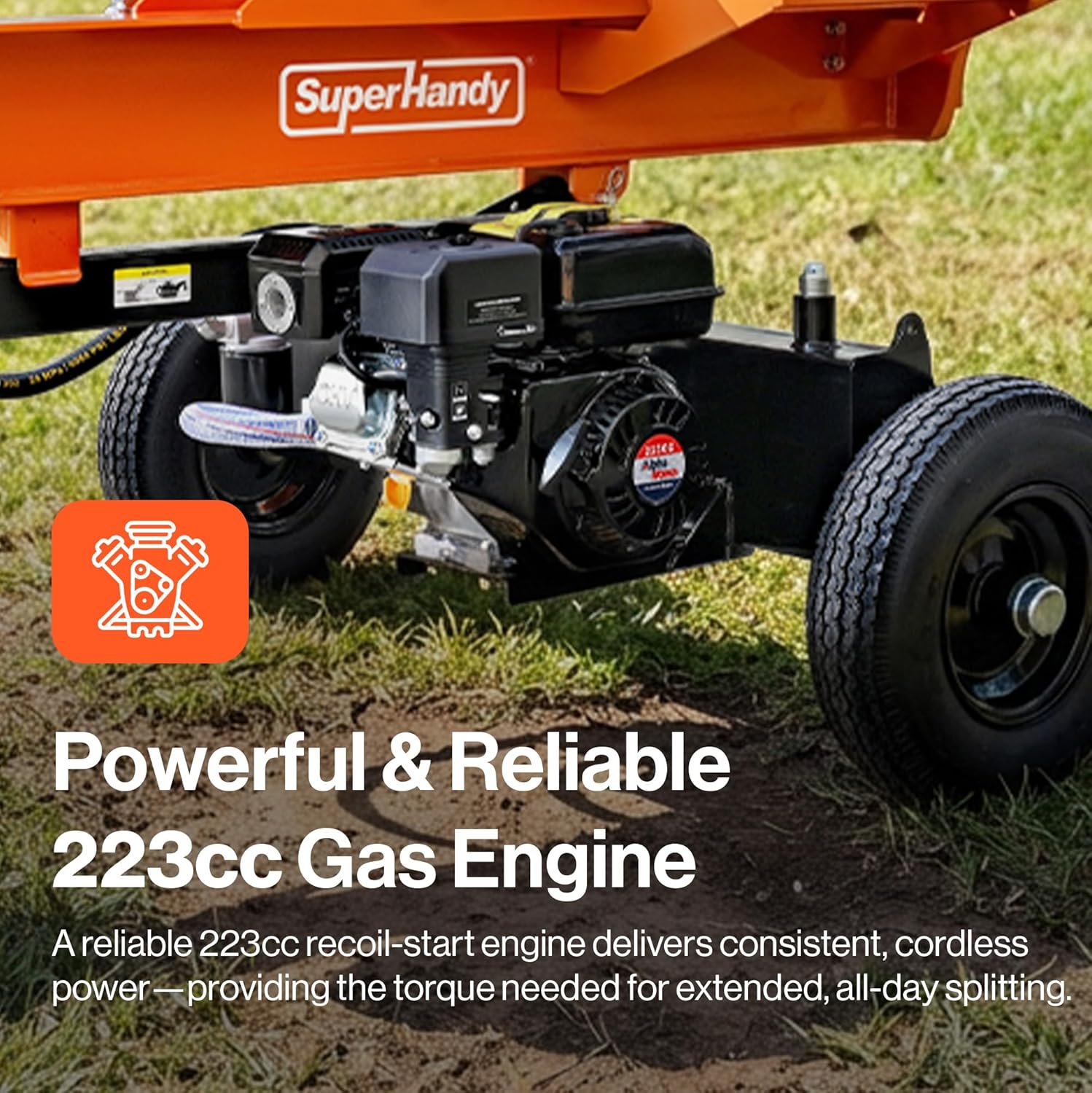 SuperHandy - Outdoor Tools & Mobility Superhandy 27Ton 223cc Gas Powered Full Beam Log Splitter w/Vertical/Horizontal Operation and Auto Return Valve, 24'' Diameter & 24'' Length Capacity, Towable with 2'' Ball Coupler
