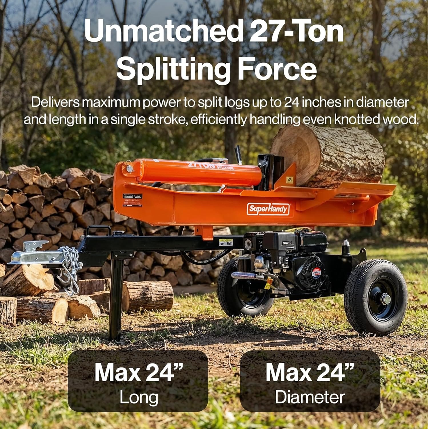 SuperHandy - Outdoor Tools & Mobility Superhandy 27Ton 223cc Gas Powered Full Beam Log Splitter w/Vertical/Horizontal Operation and Auto Return Valve, 24'' Diameter & 24'' Length Capacity, Towable with 2'' Ball Coupler