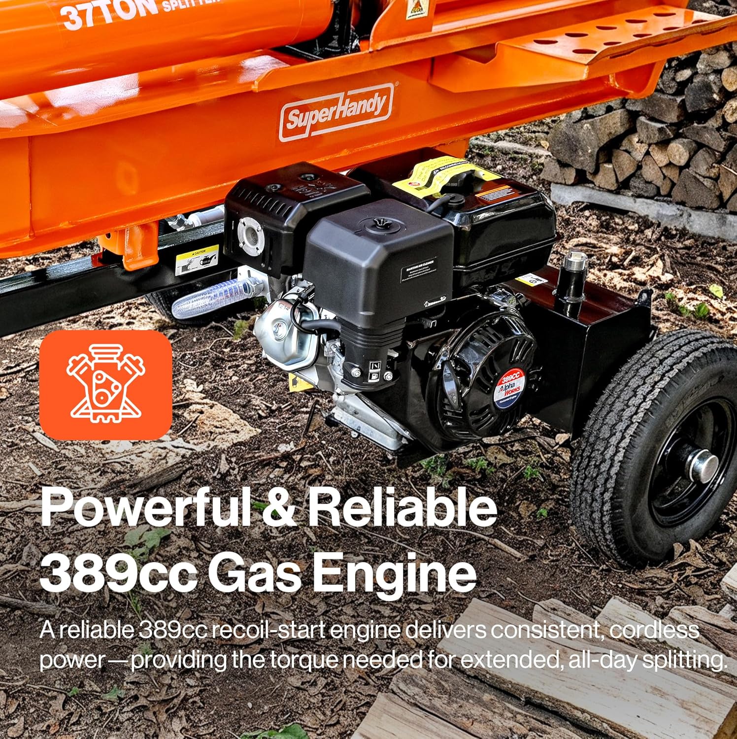 SuperHandy - Outdoor Tools & Mobility Superhandy 37 Ton 389 cc Gas Powered Log Splitter w/Vertical/Horizontal Operation, Towable with 2'' Ball Coupler