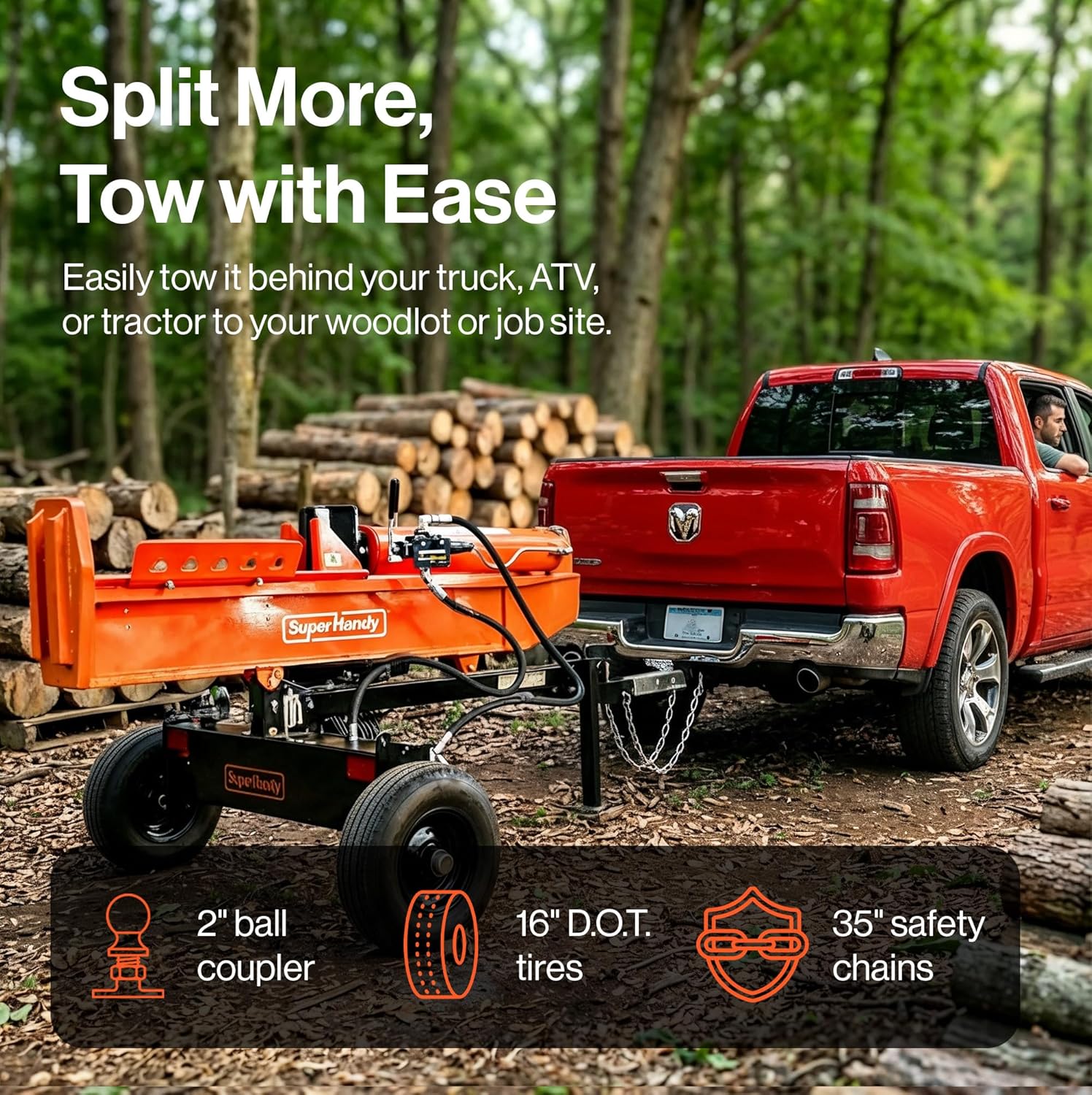 SuperHandy - Outdoor Tools & Mobility Superhandy 37 Ton 389 cc Gas Powered Log Splitter w/Vertical/Horizontal Operation, Towable with 2'' Ball Coupler