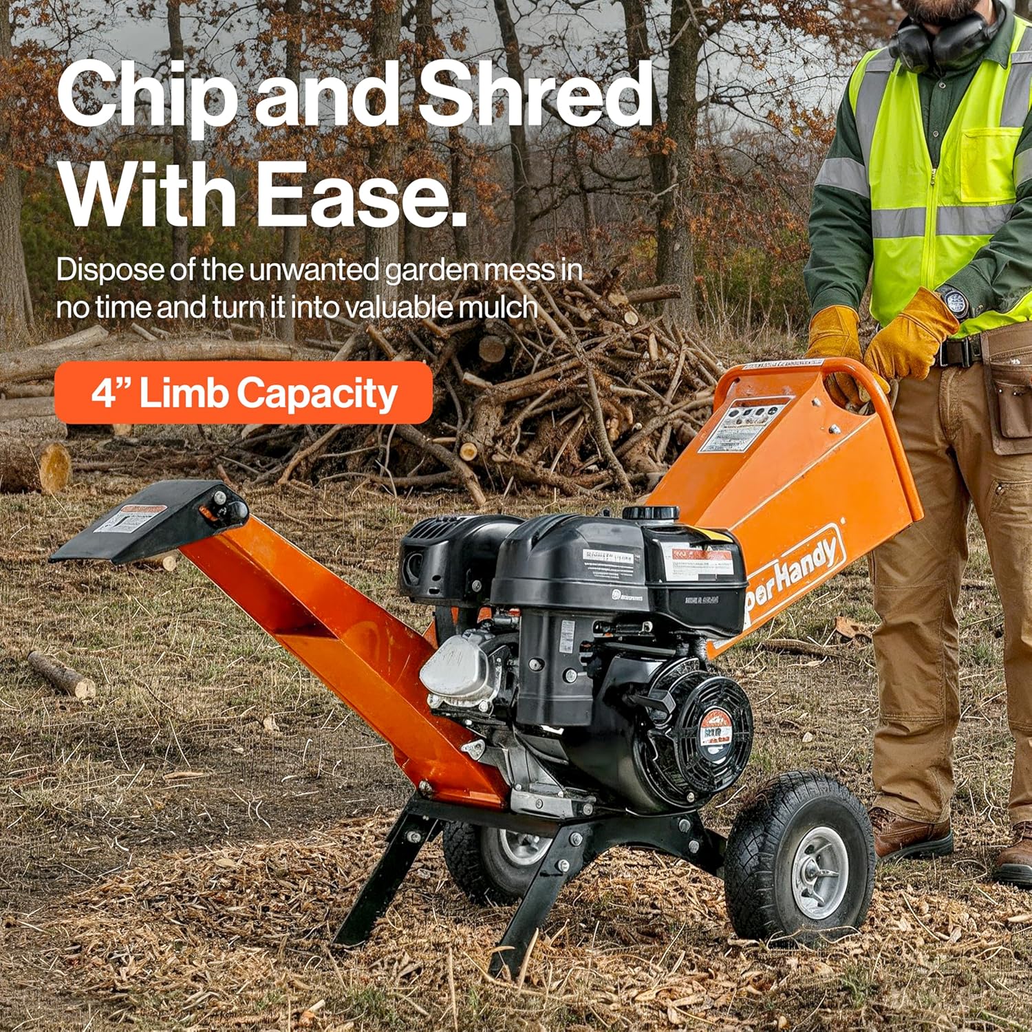 SuperHandy - Outdoor Tools & Mobility SuperHandy 4-Inch Wood Chipper Shredder Mulcher – 9HP Gas-Powered Heavy Duty Chipping Machine