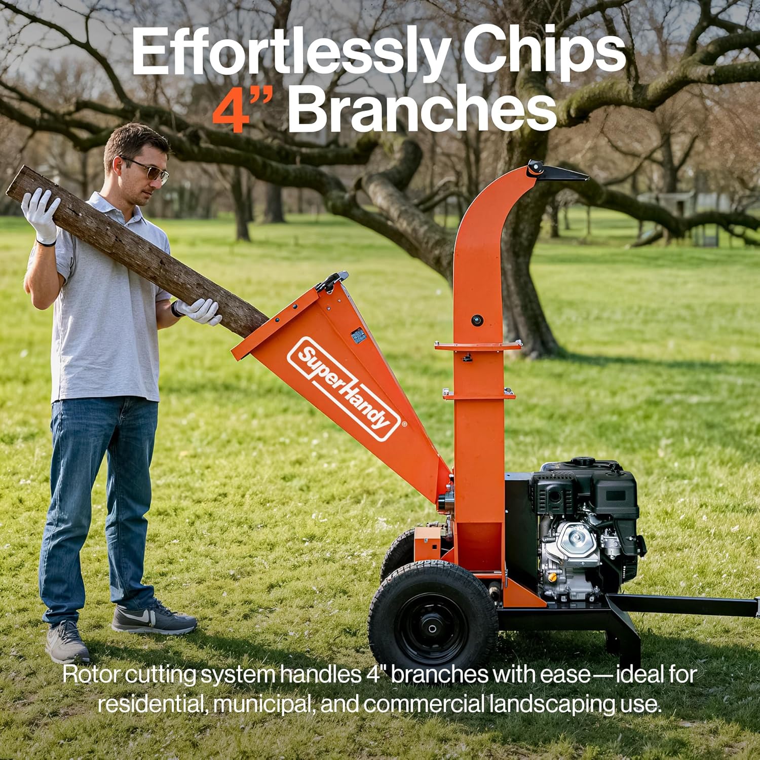 SuperHandy - Outdoor Tools & Mobility SuperHandy Towable Wood Chipper – 4 in. Chipping Capacity, 15HP Gas Engine, 13 in. Wheels, Electric Start, Trailer-Ready with 2 in. Coupler