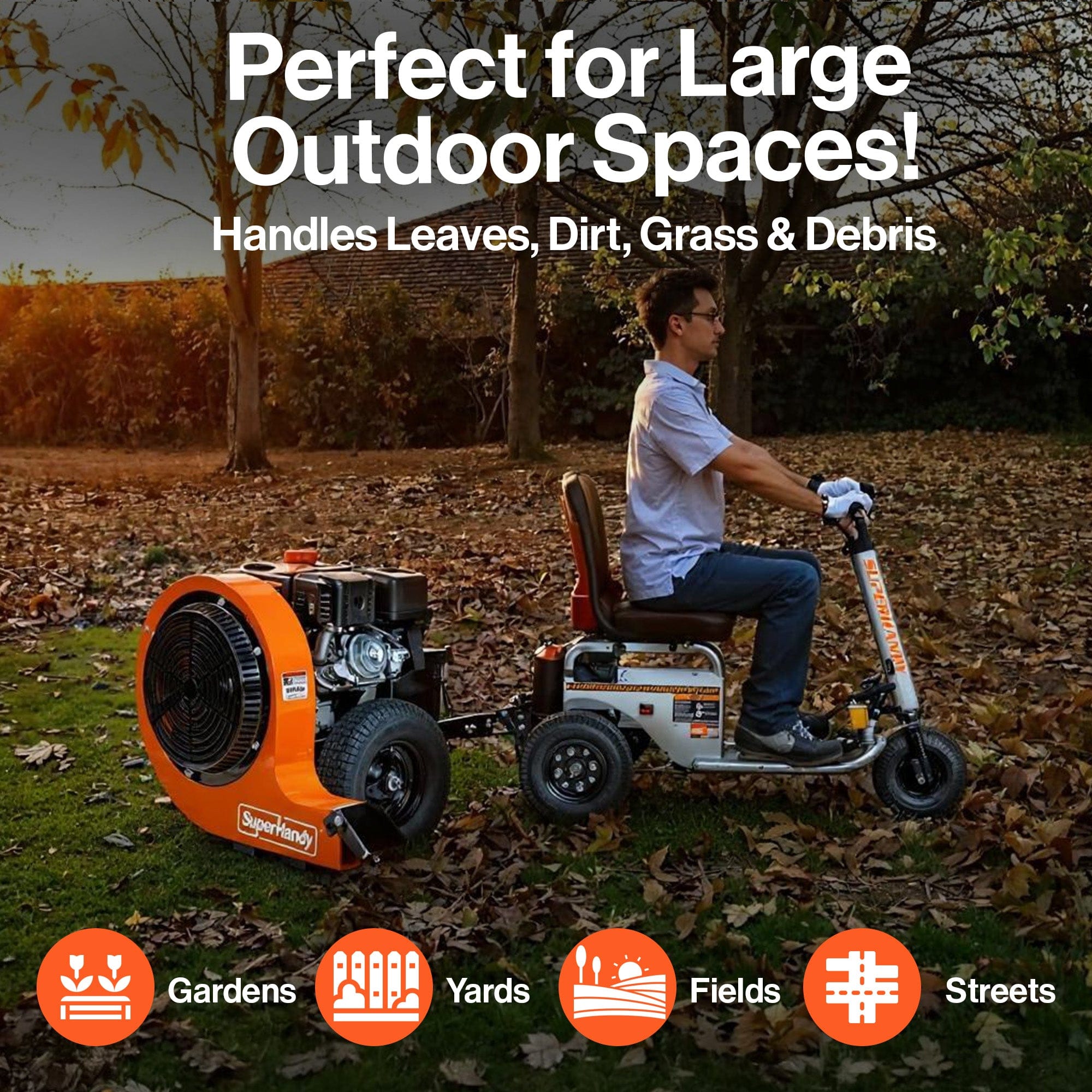 SuperHandy - Outdoor Tools & Mobility Tow-Behind Leaf Blower – 15HP Electric Start Gas Engine 3000 CFM, 207 MPH Air Speed