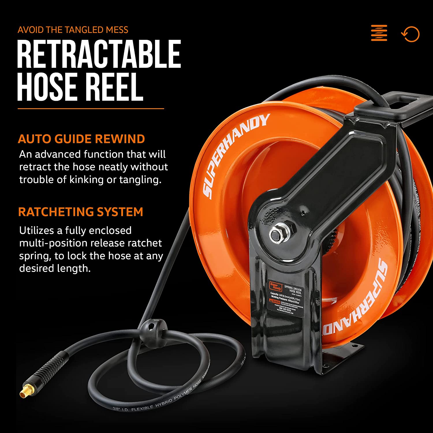 SuperHandy Steel Air Hose Reel - 50' Ft Hose Length, Retractable & Mountable (Upgraded)