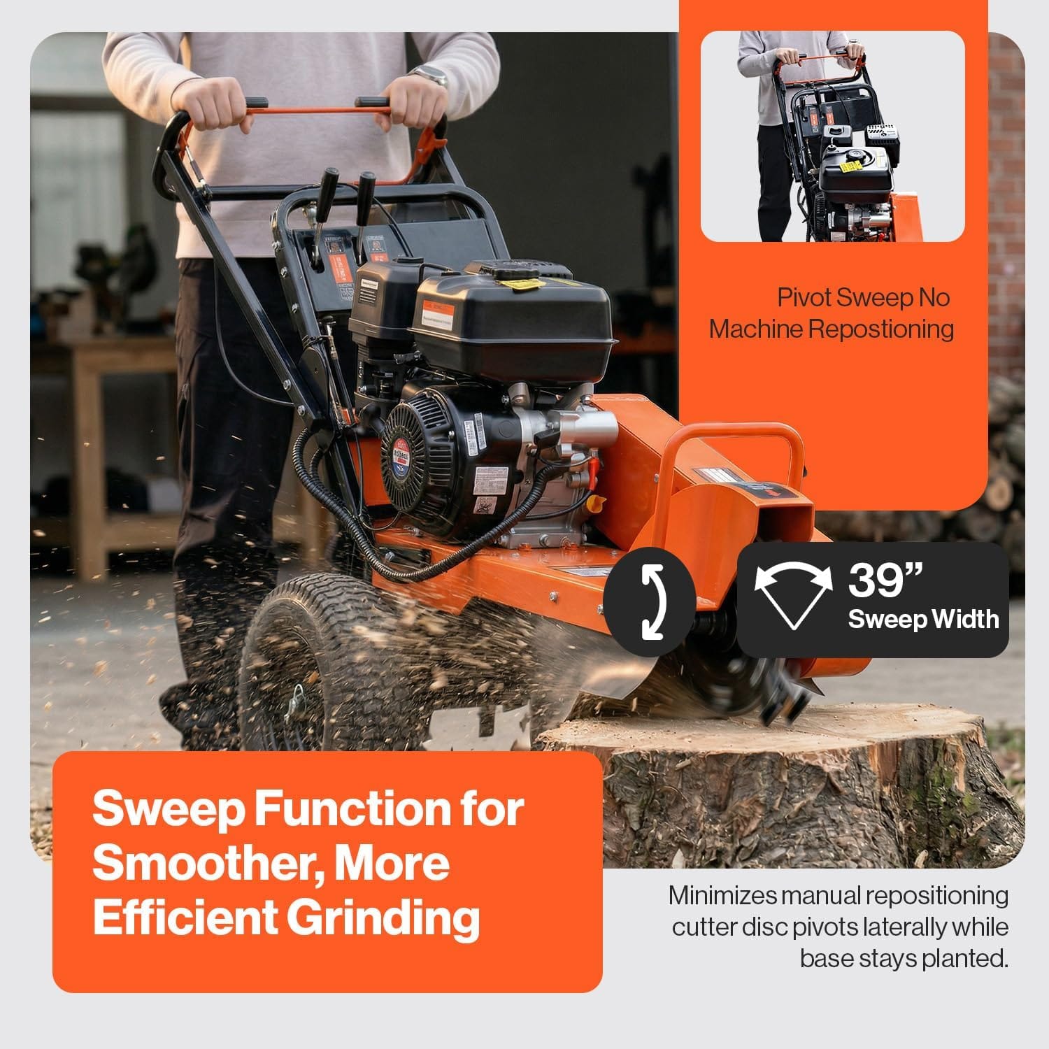 SuperHandy Superhandy 15HP Gas-Powered Stump Grinder with Electric Start, 420cc Engine, Sweep Function, Adjustable Angled & Foldable Handle, 8 Tungsten Carbide Teeth