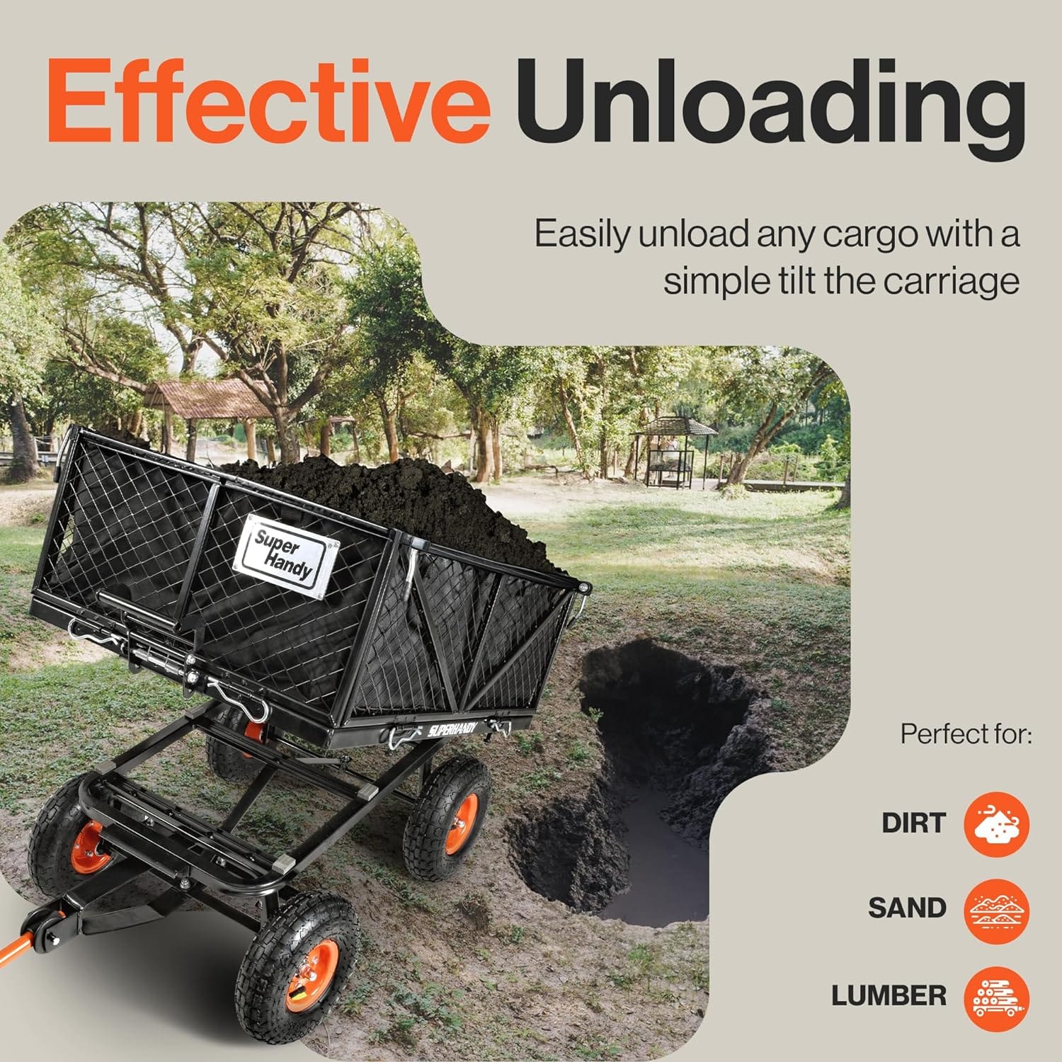 SuperHandy Towable Garden Cart - Quick Dump System, 10" Tires, Connects with Tugger Scooter