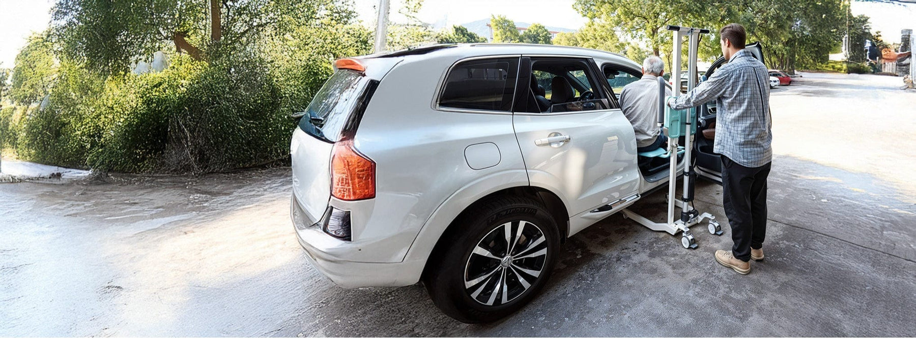 a person in a white car