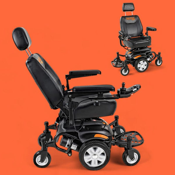 a black electric wheelchair with wheels
