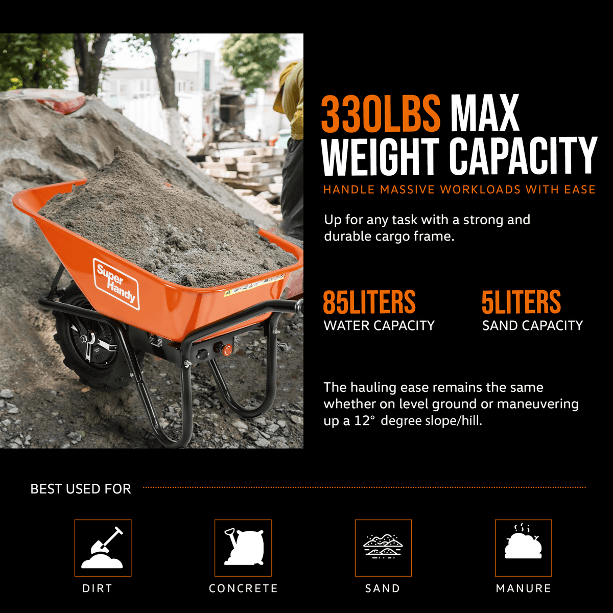 SuperHandy Electric Wheelbarrow - 24V 12Ah Battery, 330Lb Capacity