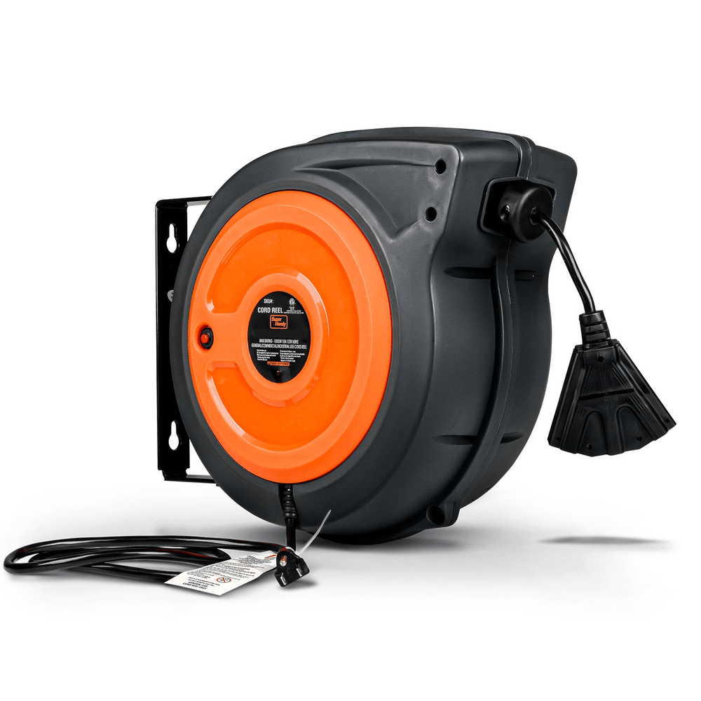 SuperHandy Mountable Retractable Extension Cord Reel - 12AWG x 65' ft, 3 Grounded Outlets, Max 15A
