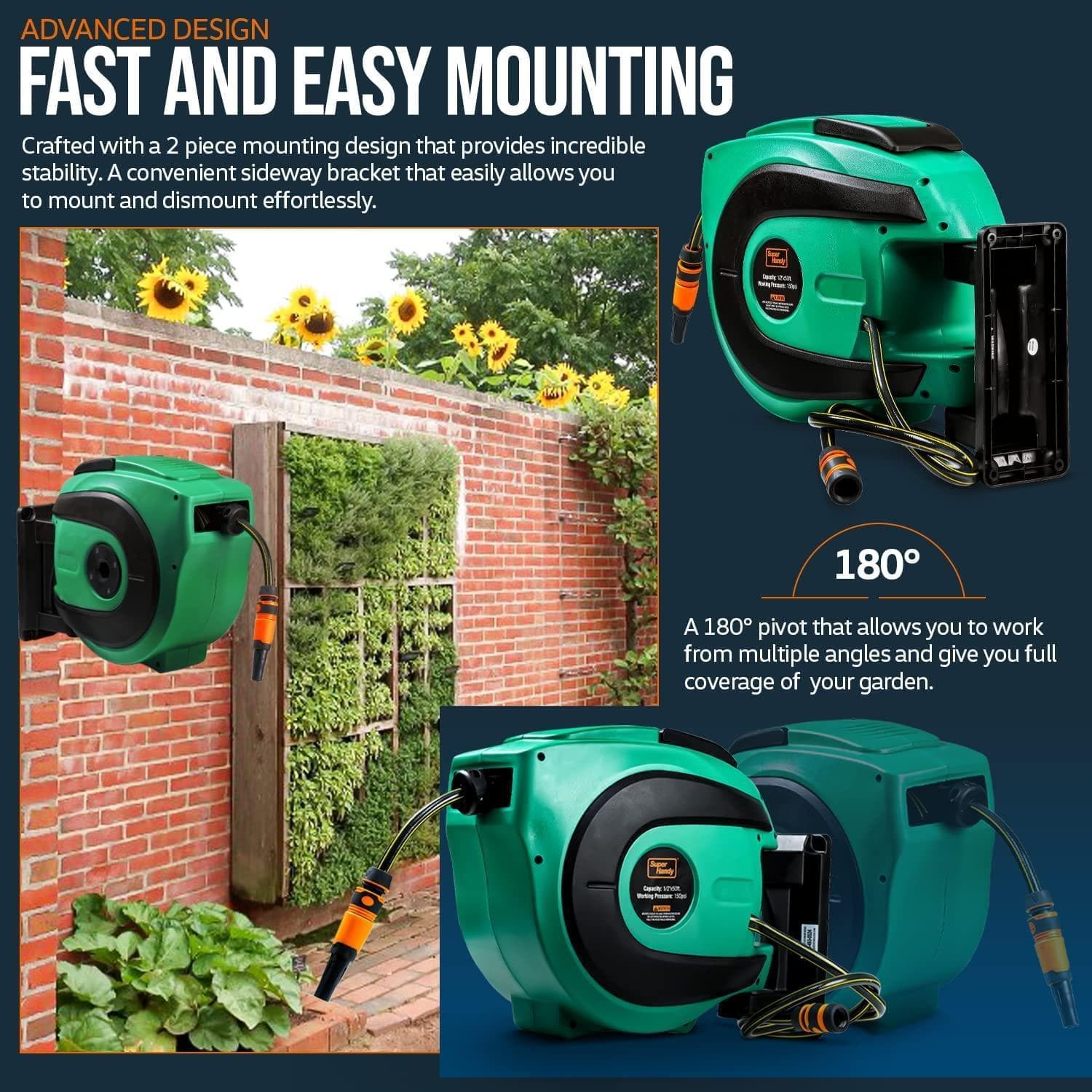 SuperHandy Mountable Retractable Water Hose Reel - 1/2 x 50' ft, 3/4 Female Threaded Connection