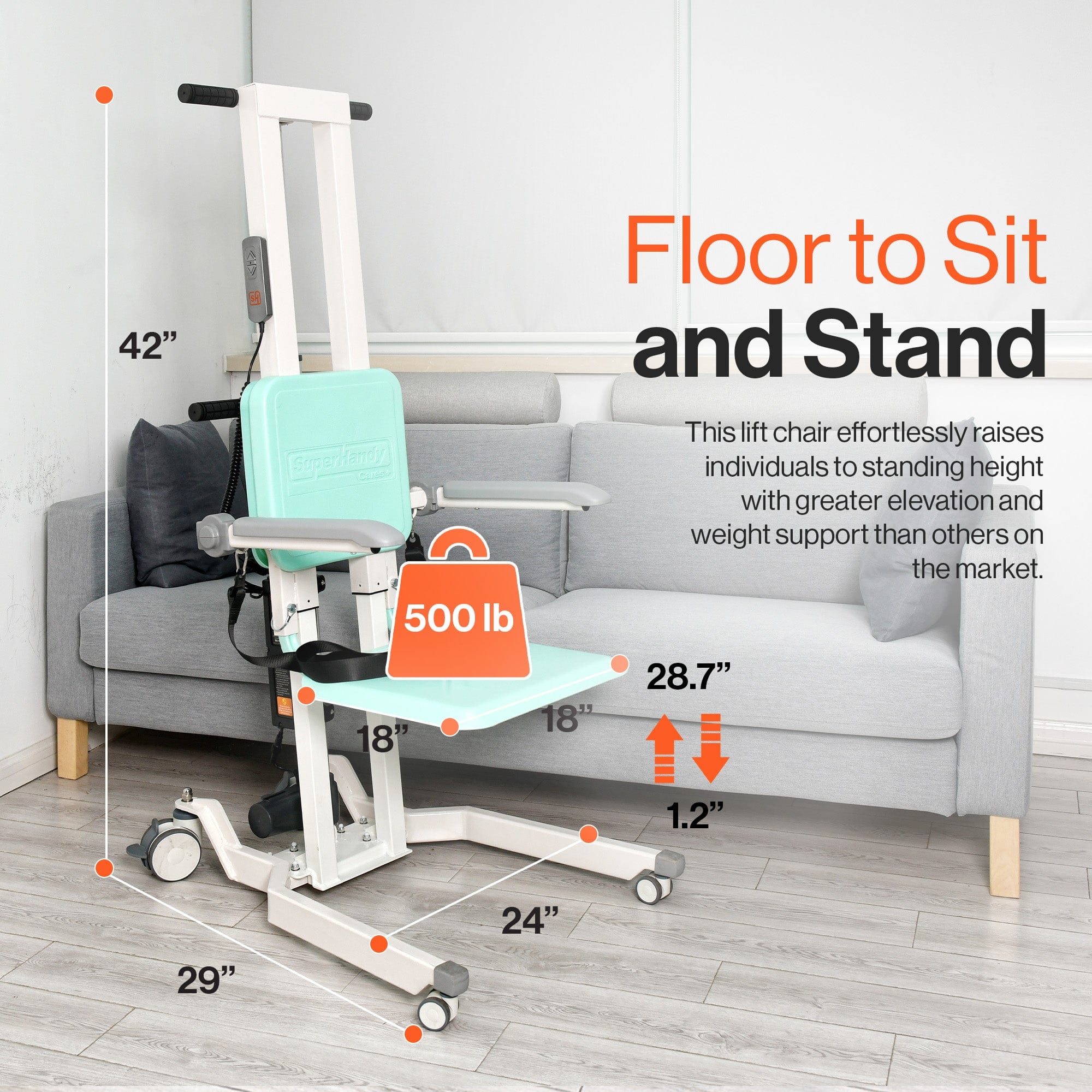 SuperHandy GoRise TX Electric Patient Transfer Lift – 500 lb Capacity, Portable Floor-to-Stand Design with Ergonomic Features and Maneuverable Front Caster Wheels for Easy Storage