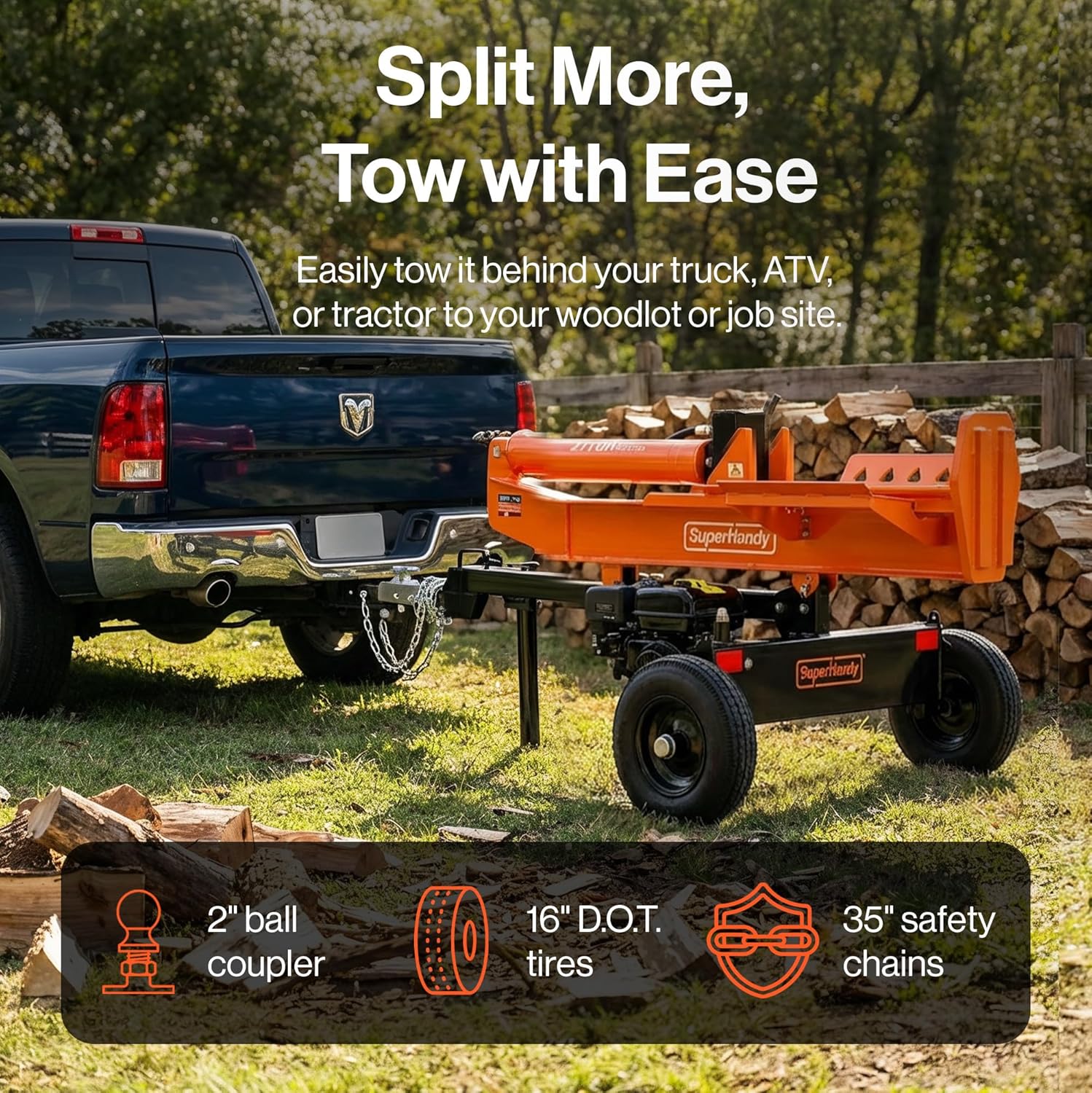 SuperHandy - Outdoor Tools & Mobility Superhandy 27Ton 223cc Gas Powered Full Beam Log Splitter w/Vertical/Horizontal Operation and Auto Return Valve, 24'' Diameter & 24'' Length Capacity, Towable with 2'' Ball Coupler