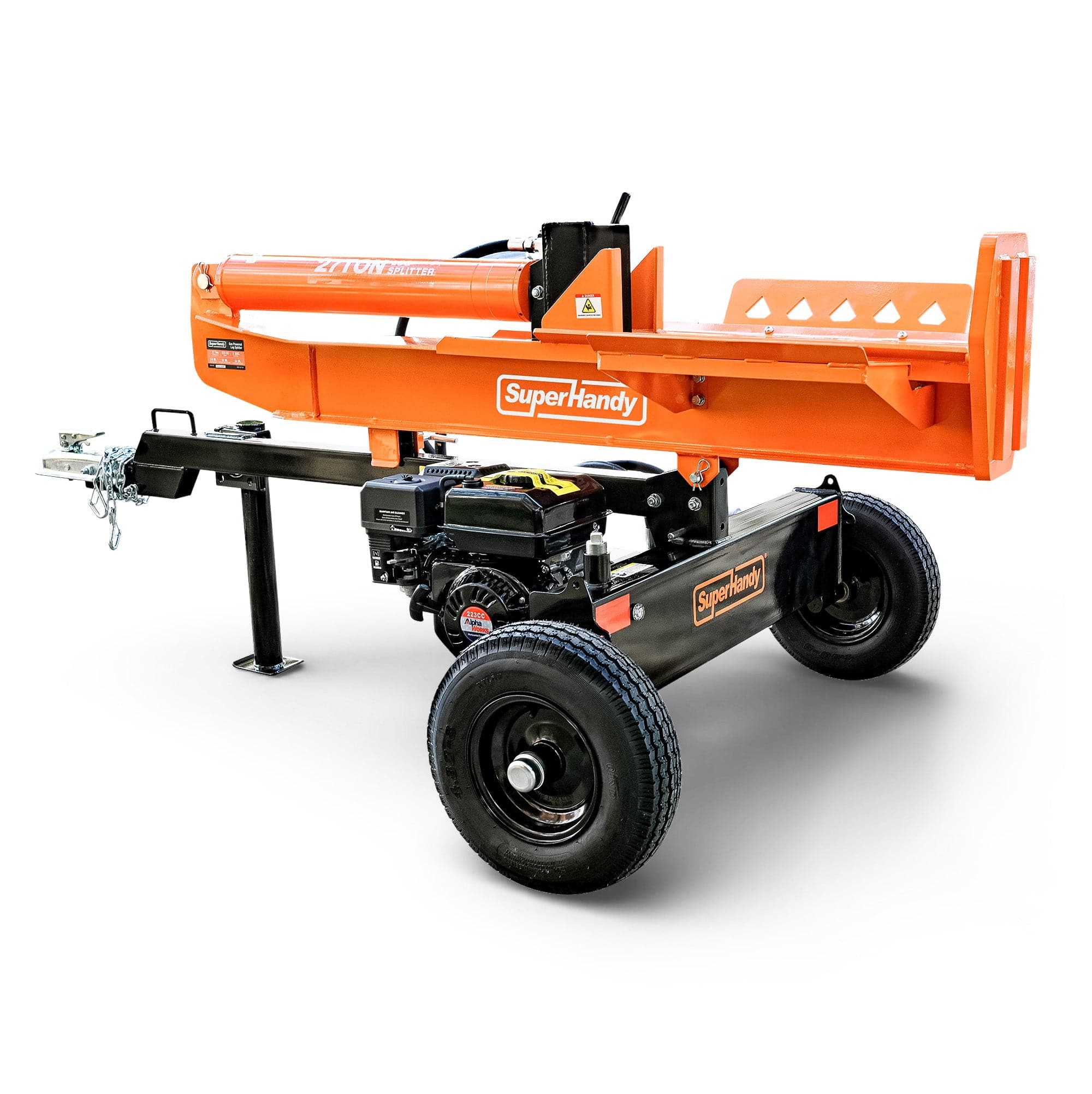 SuperHandy - Outdoor Tools & Mobility Superhandy 27Ton 223cc Gas Powered Full Beam Log Splitter w/Vertical/Horizontal Operation and Auto Return Valve, 24'' Diameter & 24'' Length Capacity, Towable with 2'' Ball Coupler