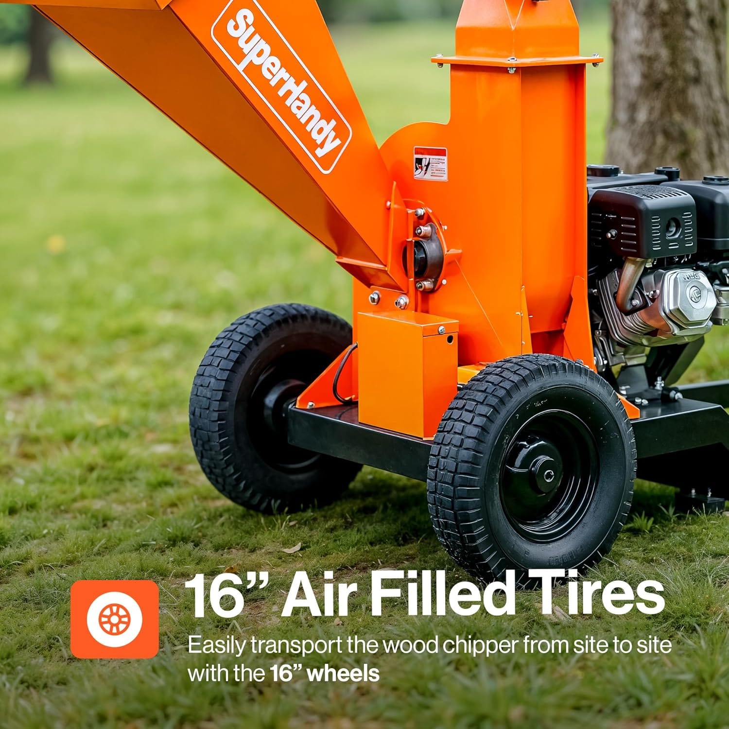 SuperHandy - Outdoor Tools & Mobility SuperHandy Towable Wood Chipper – 4 in. Chipping Capacity, 15HP Gas Engine, 13 in. Wheels, Electric Start, Trailer-Ready with 2 in. Coupler