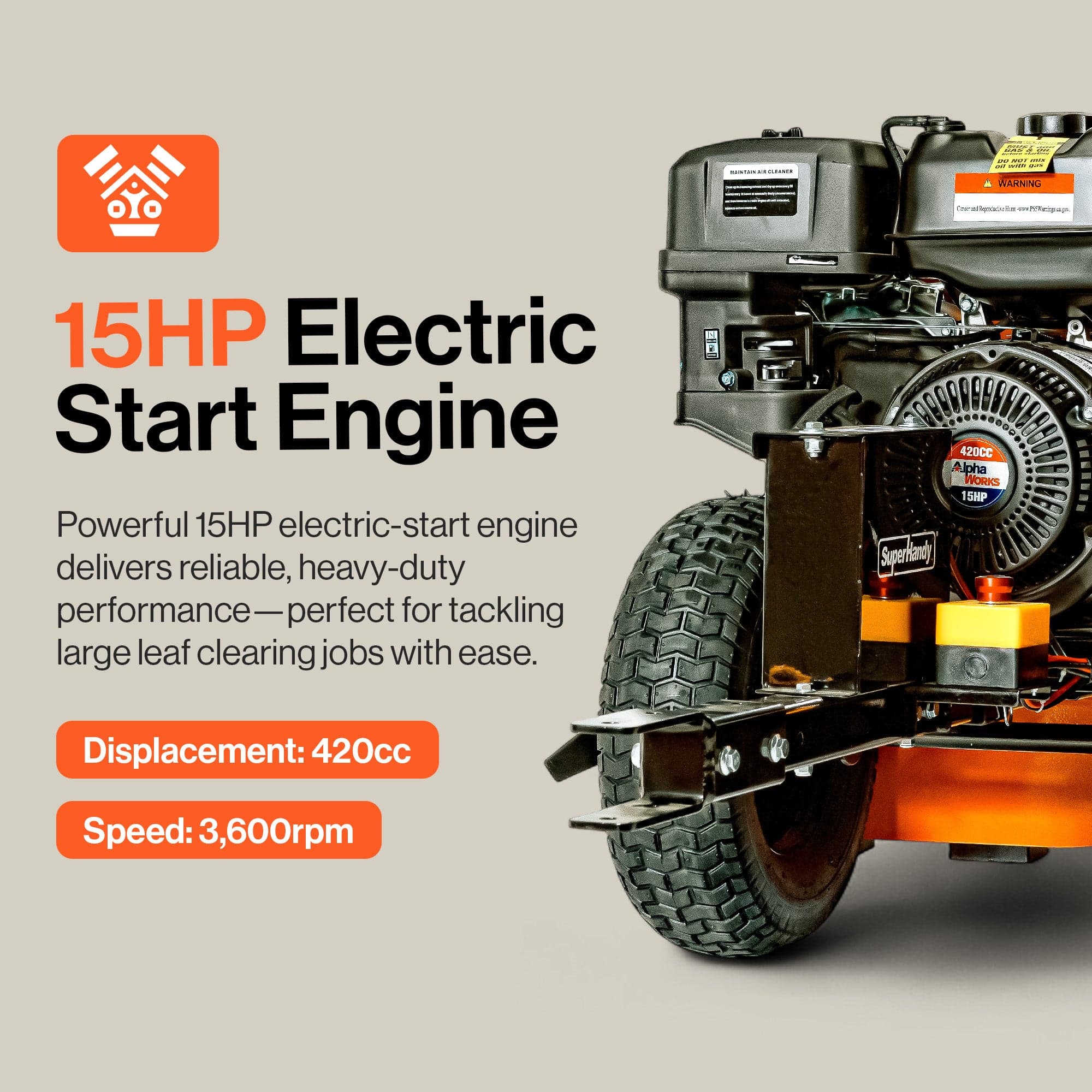 SuperHandy - Outdoor Tools & Mobility Tow-Behind Leaf Blower – 15HP Electric Start Gas Engine 3000 CFM, 207 MPH Air Speed