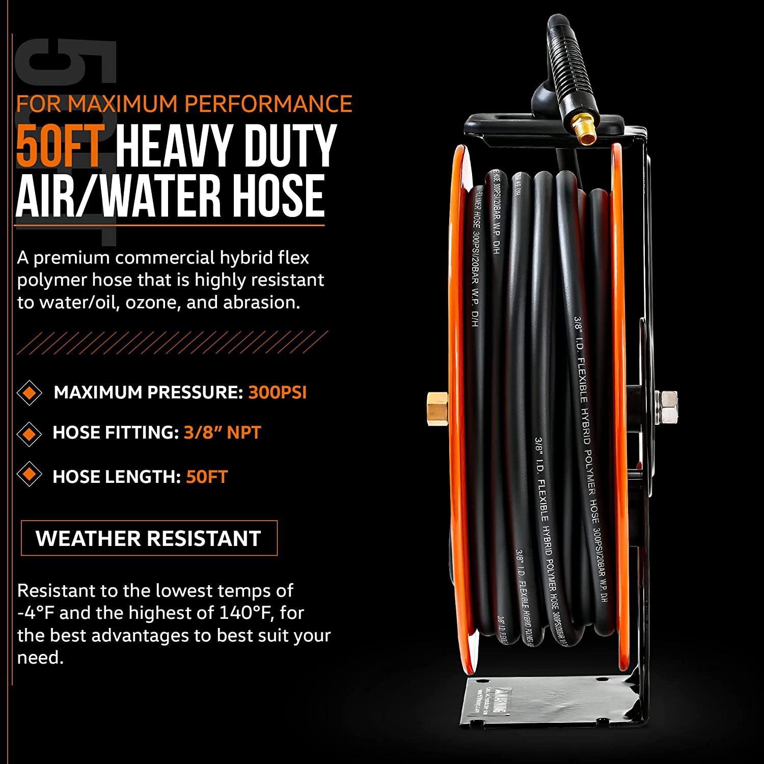 Retractable Air Hose Reel, 3/8 IN x 50 FT Hybrid Air Hose Max