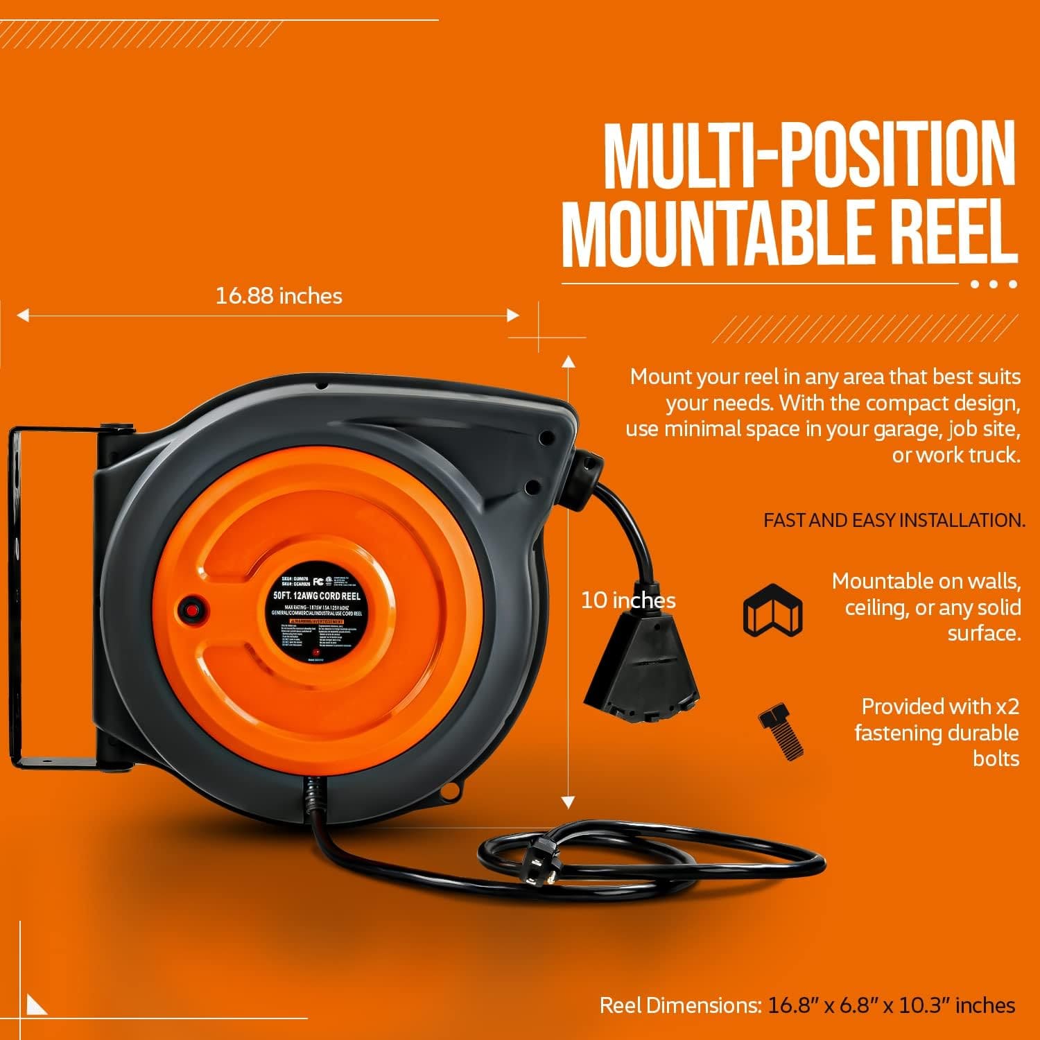 SuperHandy Steel Extension Cord Reel - 12AWG, 50' Ft Cord Length