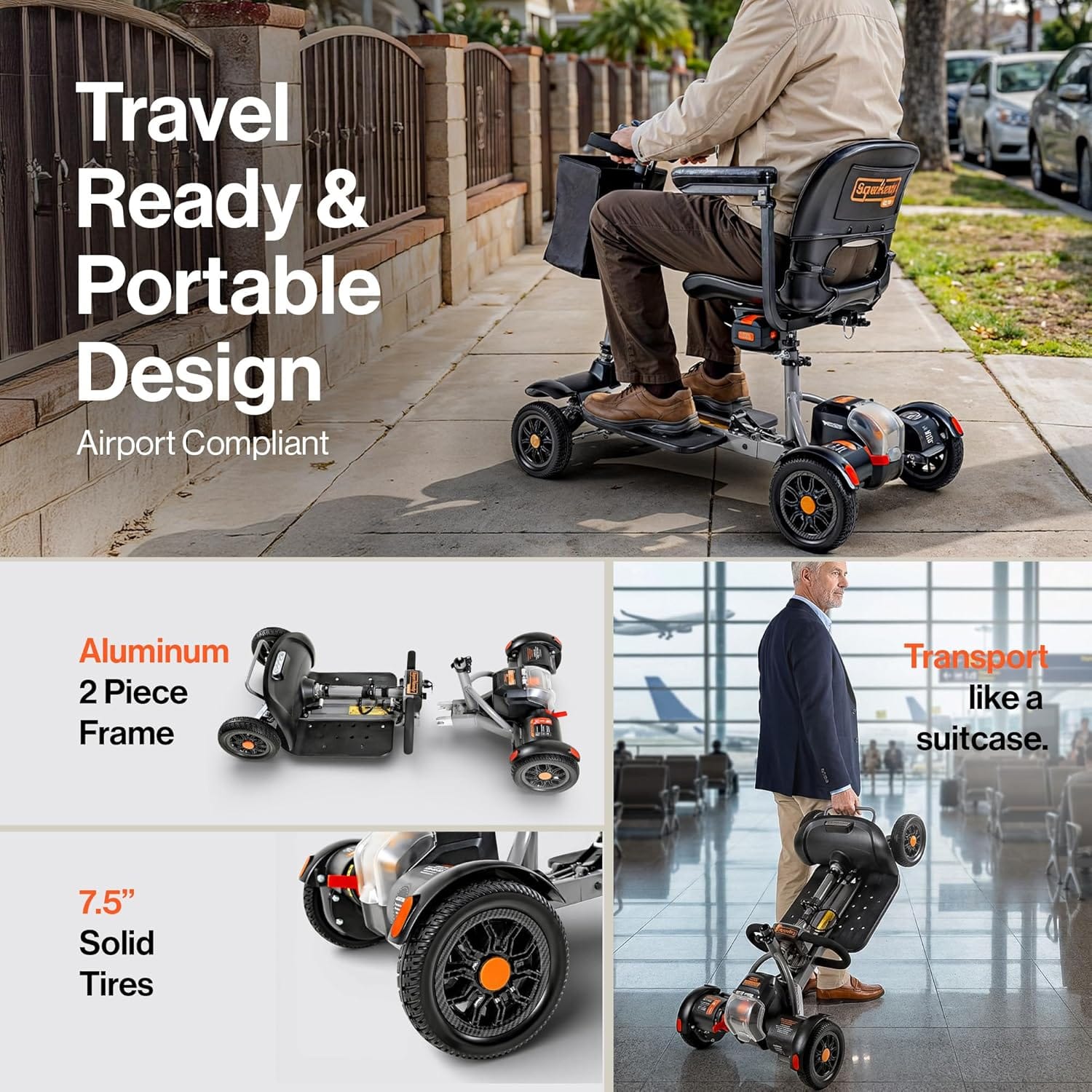 SuperHandy SuperHandy Passport Flex 4 Wheel Power Mobility Scooter – Quick-Disassembly Aluminum Frame, Foldable & Compact, 48V Li-Ion Battery