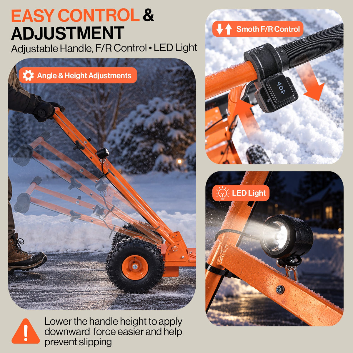 SuperHandy SuperHandy Power Assisted Snow Shovel, 40" Wheeled Snow Pusher w/LED Light