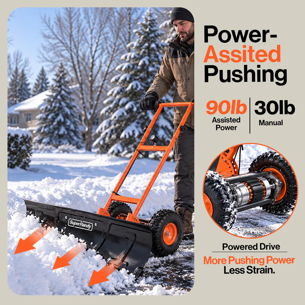 SuperHandy SuperHandy Power Assisted Snow Shovel, 40" Wheeled Snow Pusher w/LED Light