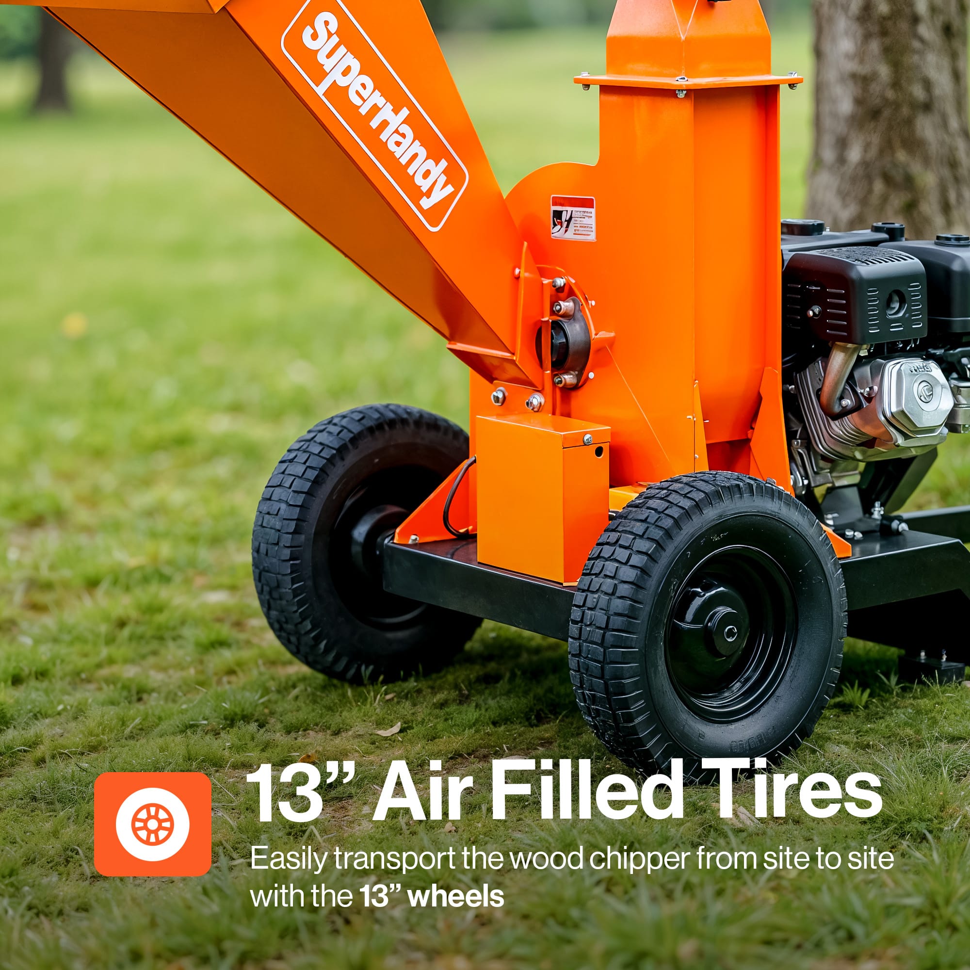 SuperHandy SuperHandy Towable Wood Chipper – 4 in. Chipping Capacity, 15HP Gas Engine, 13 in. Wheels, Electric Start, Trailer-Ready with 2 in. Coupler