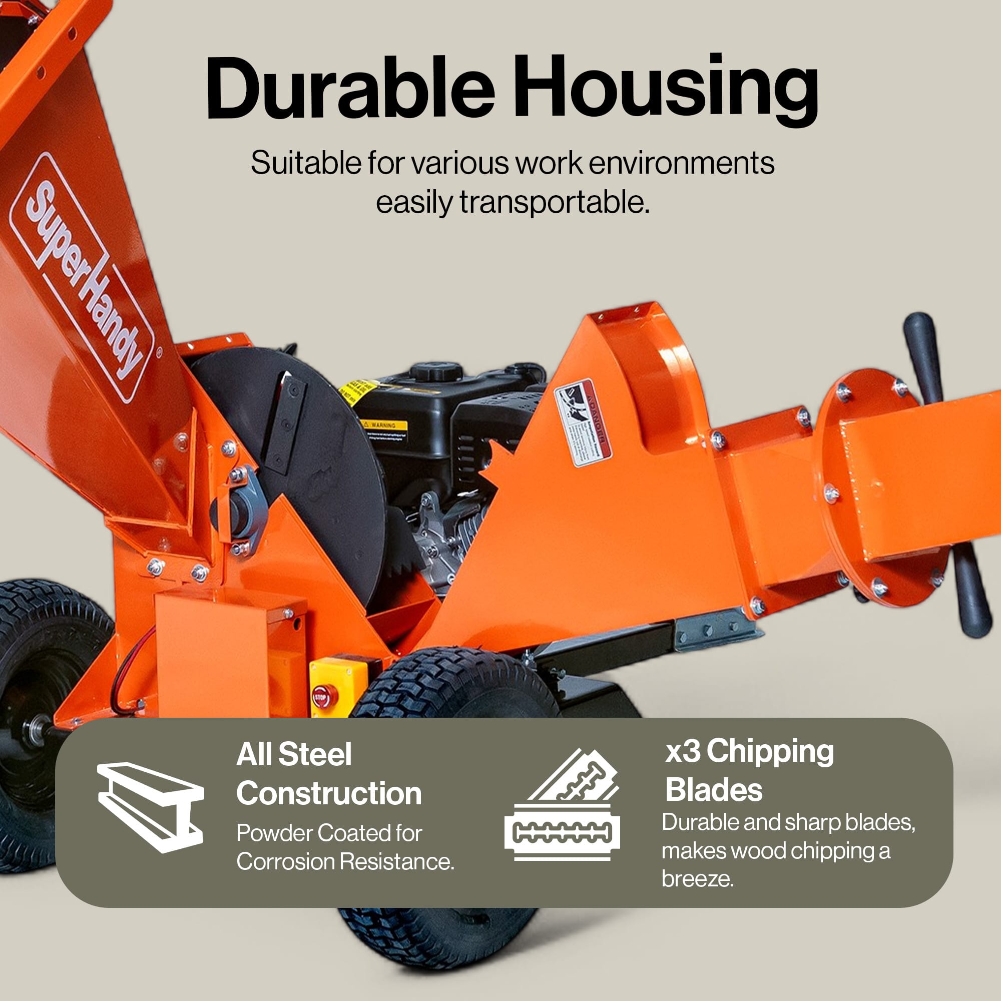 SuperHandy SuperHandy Towable Wood Chipper – 4 in. Chipping Capacity, 15HP Gas Engine, 13 in. Wheels, Electric Start, Trailer-Ready with 2 in. Coupler