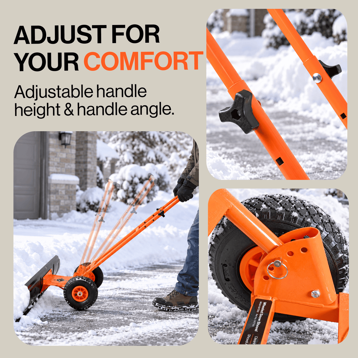 SuperHandy Superhandy Wheeled Snow Shovel, 36" Snow Pusher with Adjustable Blade Angle
