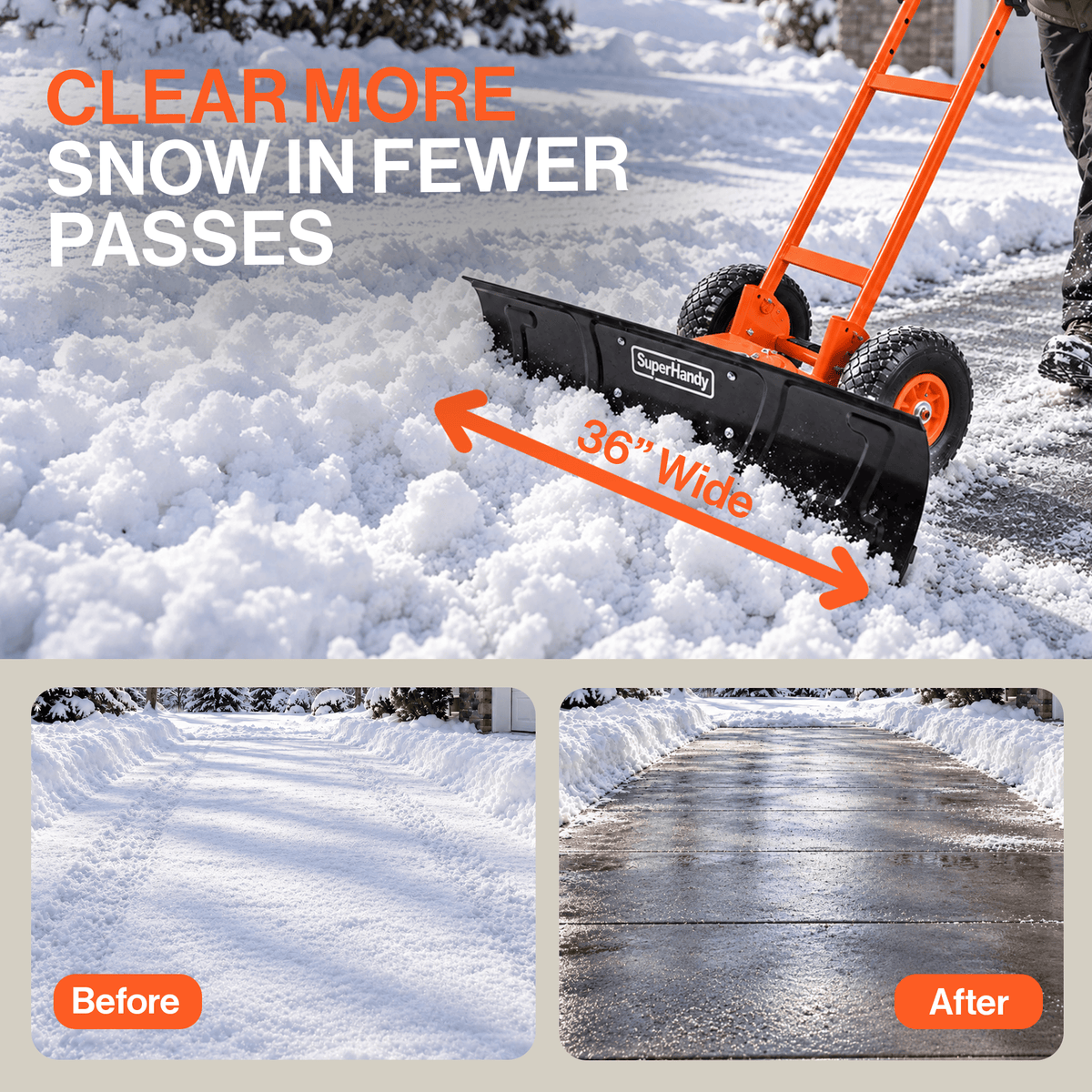 SuperHandy Superhandy Wheeled Snow Shovel, 36" Snow Pusher with Adjustable Blade Angle